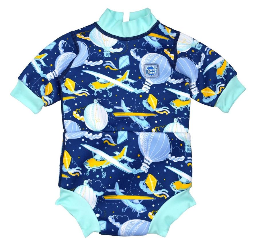 Baby wetsuit with built in swim nappy in navy blue and sky themed print, including airplanes, air hot balloons, clouds and kites. Light blue trims. Front.