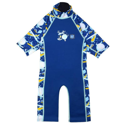 One piece UV sun and sea wetsuit for toddlers in navy blue. Sky themed print including airplanes, air hot balloons, clouds and kites on sleeves, side panels, neck and chest. Front.