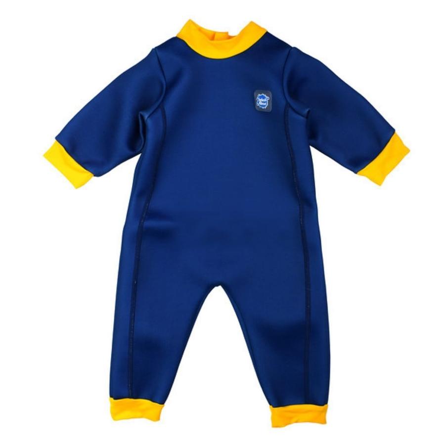 Fleece-lined baby wetsuit in navy blue with yellow trims. Front.