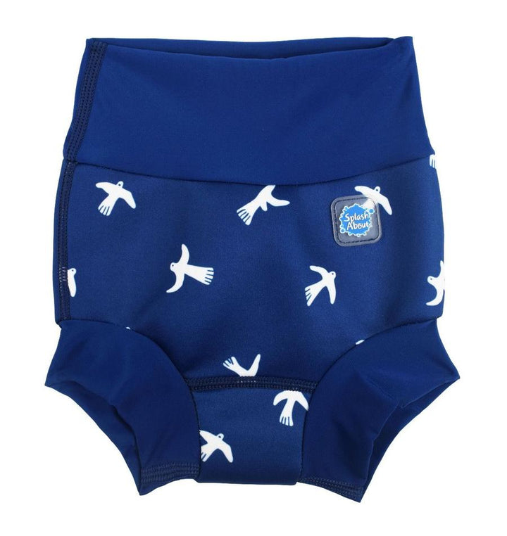 Navy blue Happy Nappy featuring white birds print. Front.