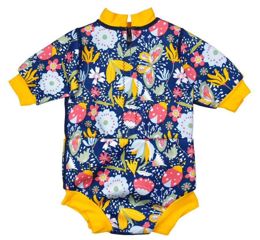Baby wetsuit with built in swim nappy in navy blue and floral print. Yellow trims. Back.