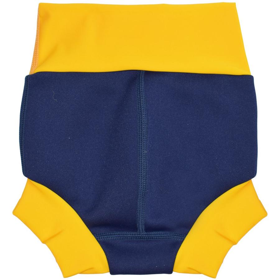 Plain navy blue Happy Nappy. Yellow trims. Back.