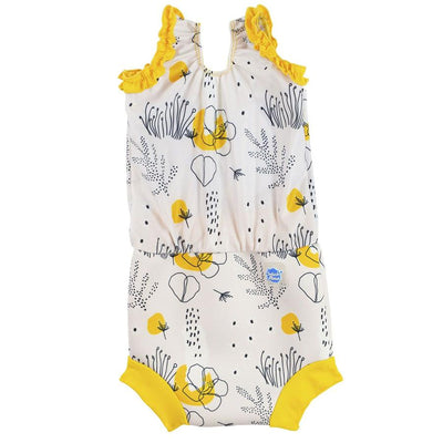 Happy Nappy costume featuring leaves and flowers print in black and yellow. White background and yellow trims. Back.
