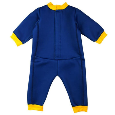 Fleece-lined baby wetsuit in navy blue with yellow trims. Back.