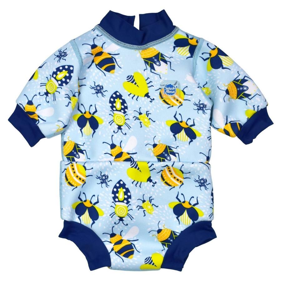 Baby wetsuit with built in swim nappy in light blue and insects print. Navy blue trims. Front.