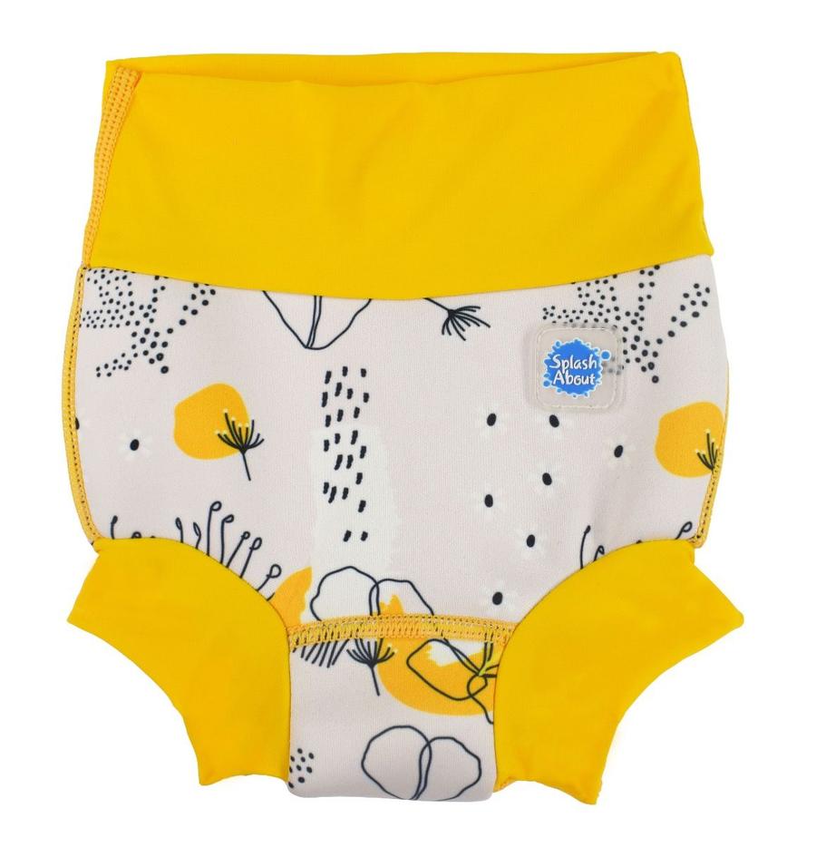 Happy Nappy featuring minimalist black and yellow flowers print. Yellow trims. Front.