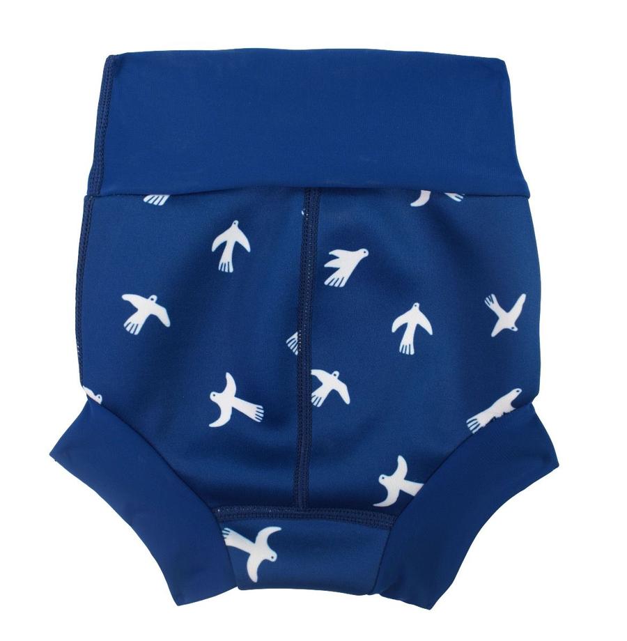 Navy blue Happy Nappy featuring white birds print. Back.