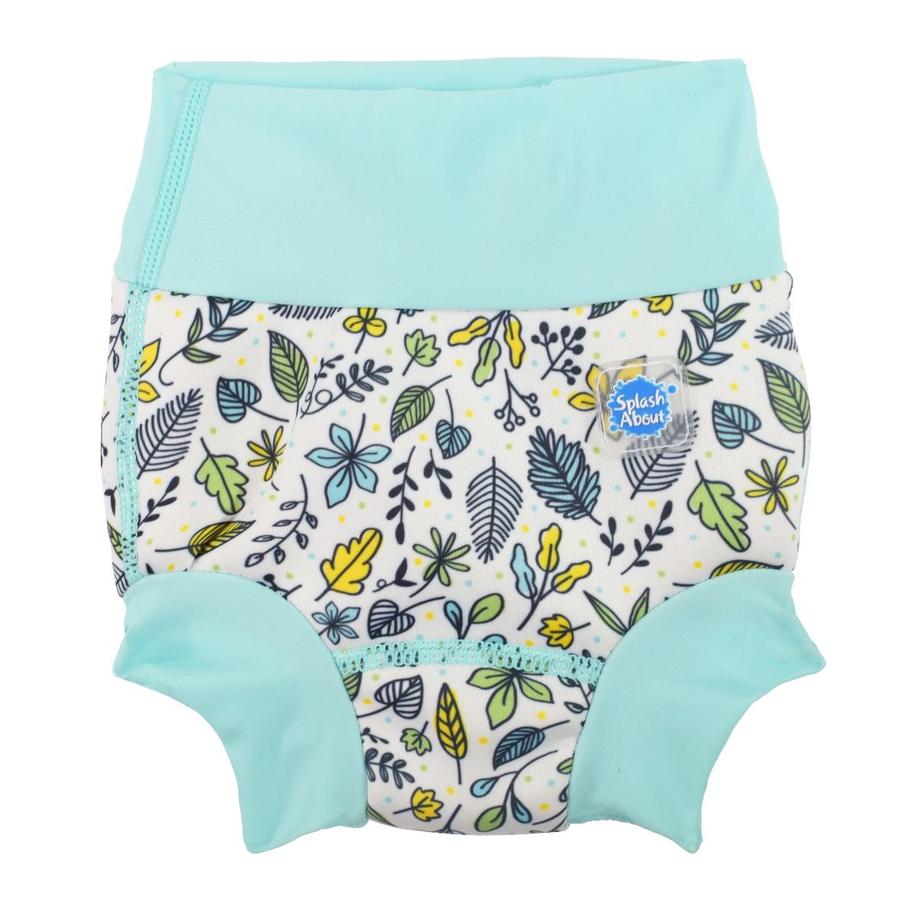 Happy Nappy featuring green, yellow and blue leaves print. Light blue trims. Front.