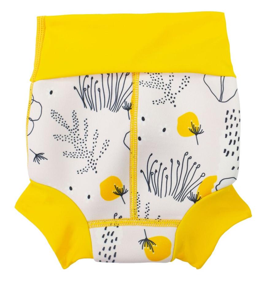 Happy Nappy featuring minimalist black and yellow flowers print. Yellow trims. Back.