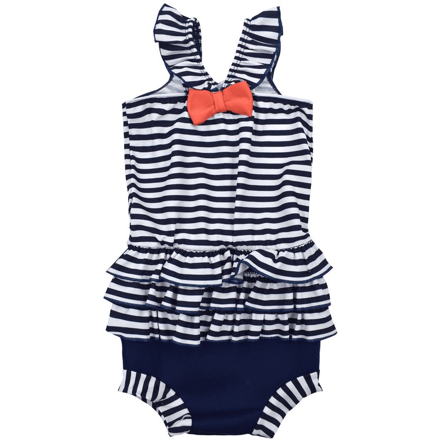 Happy Nappy costume featuring nautical design with frills and bows. Navy and white striped top, navy blue bottom. Red bow at the back.