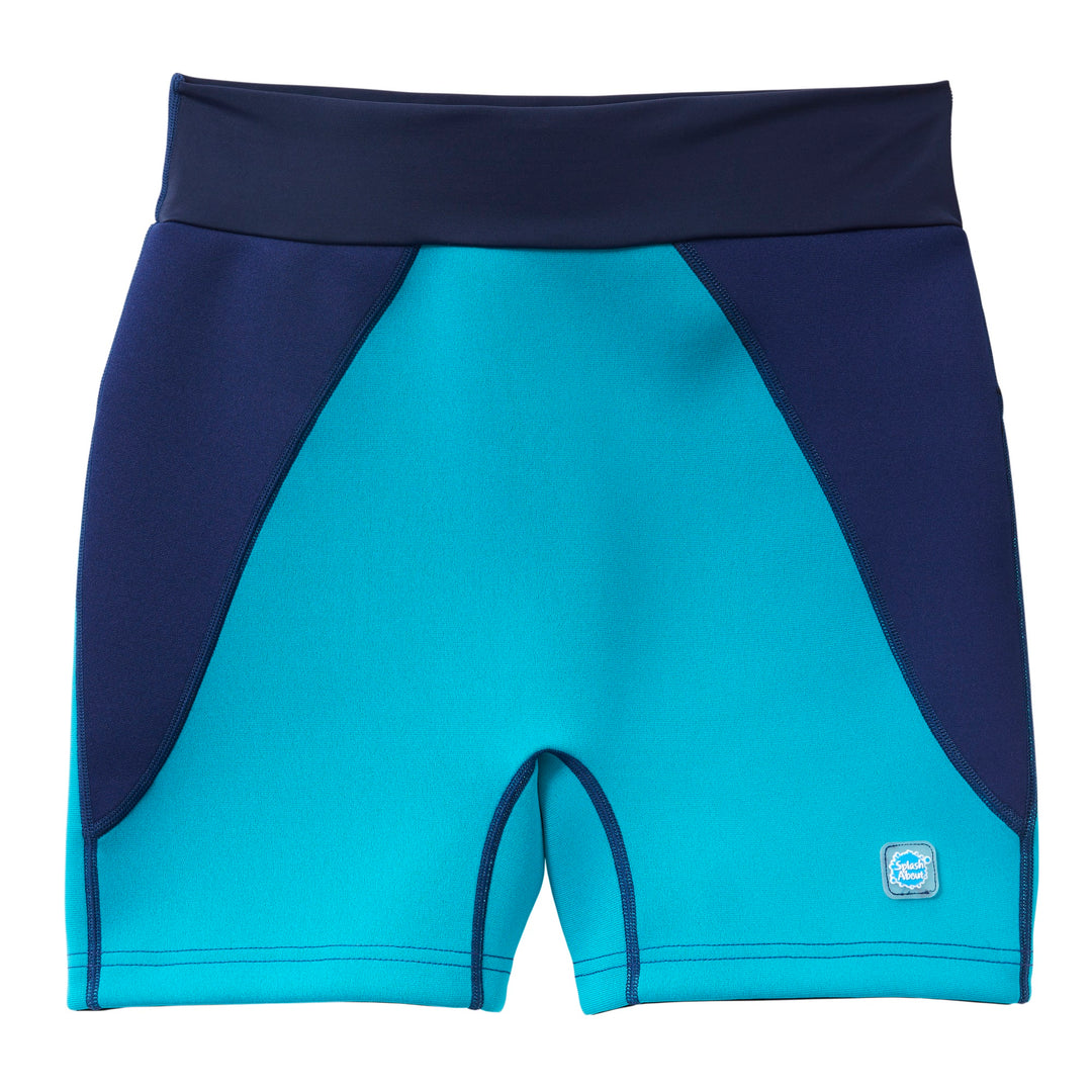 Navy and Jade child's neoprene swim shorts, front.