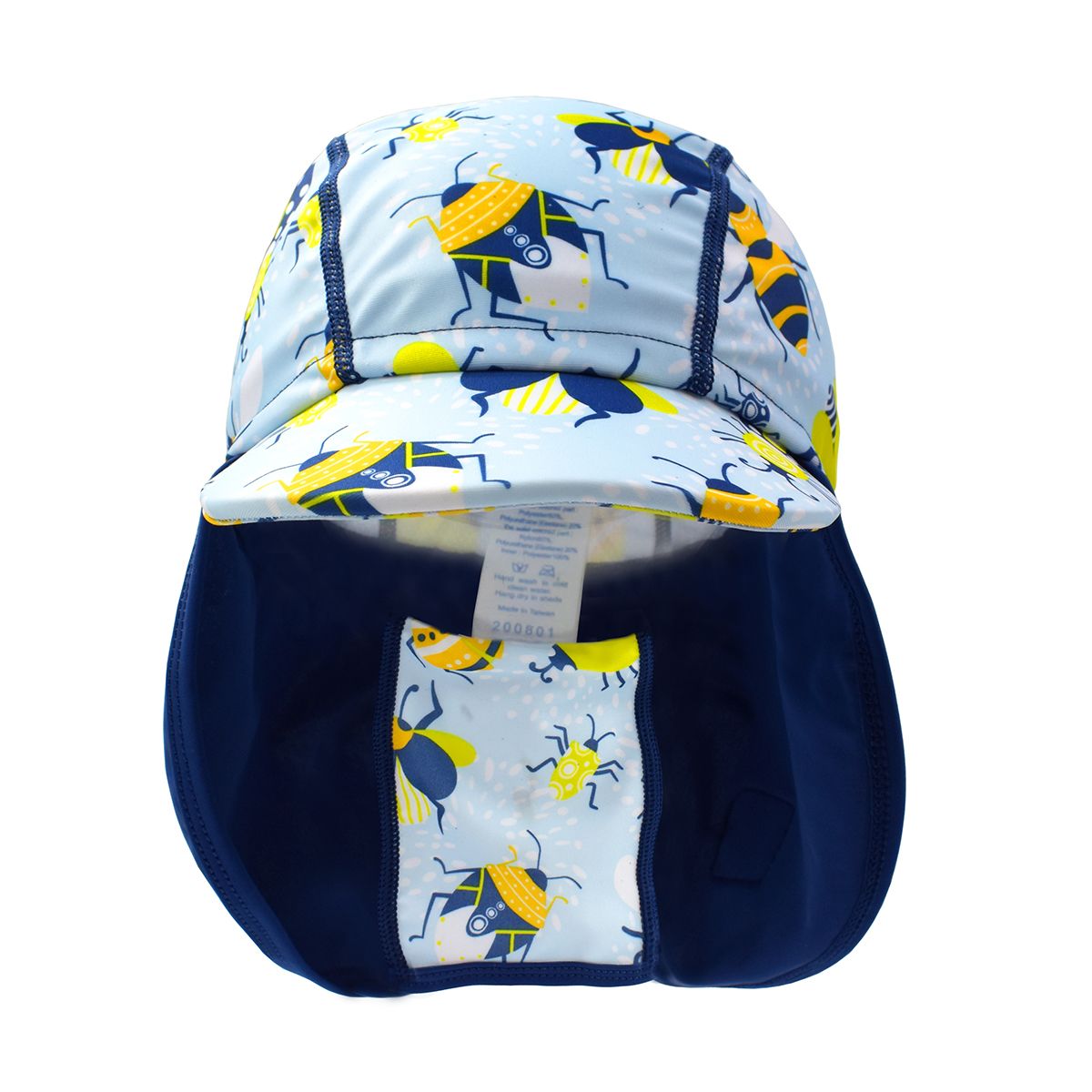 Legionnaire style sun hat in light blue and navy blue, with insects themed print panel. Front.