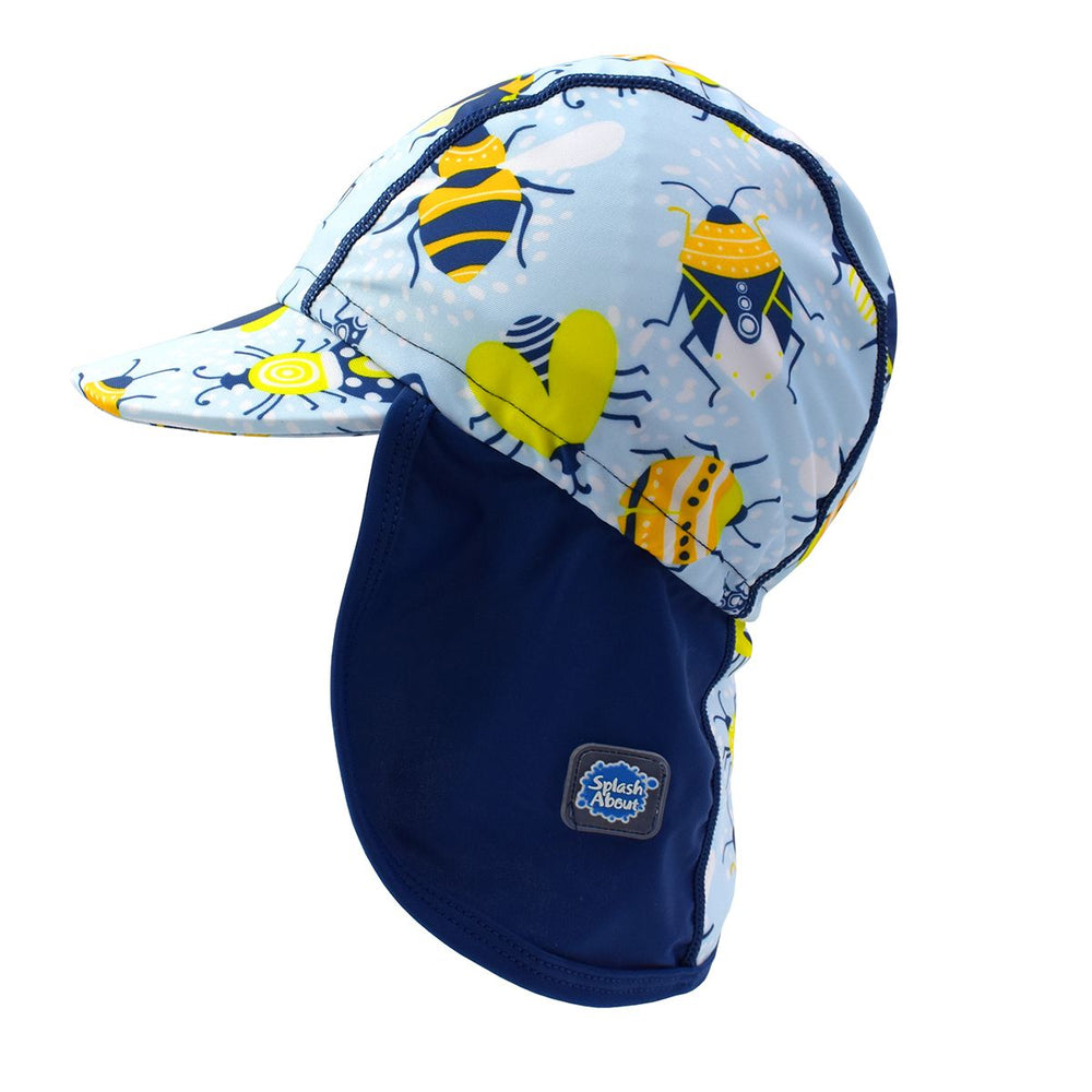 Legionnaire style sun hat in light blue and navy blue, with insects themed print panel. Side.