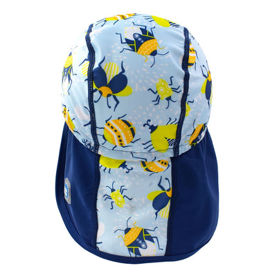 Legionnaire style sun hat in light blue and navy blue, with insects themed print panel. Back.