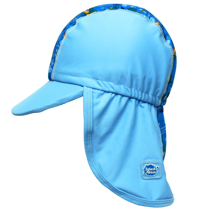 Legionnaire style sun hat in light blue and blue, with swamp themed print panel including crocodiles, frogs, fireflies and more. Side.