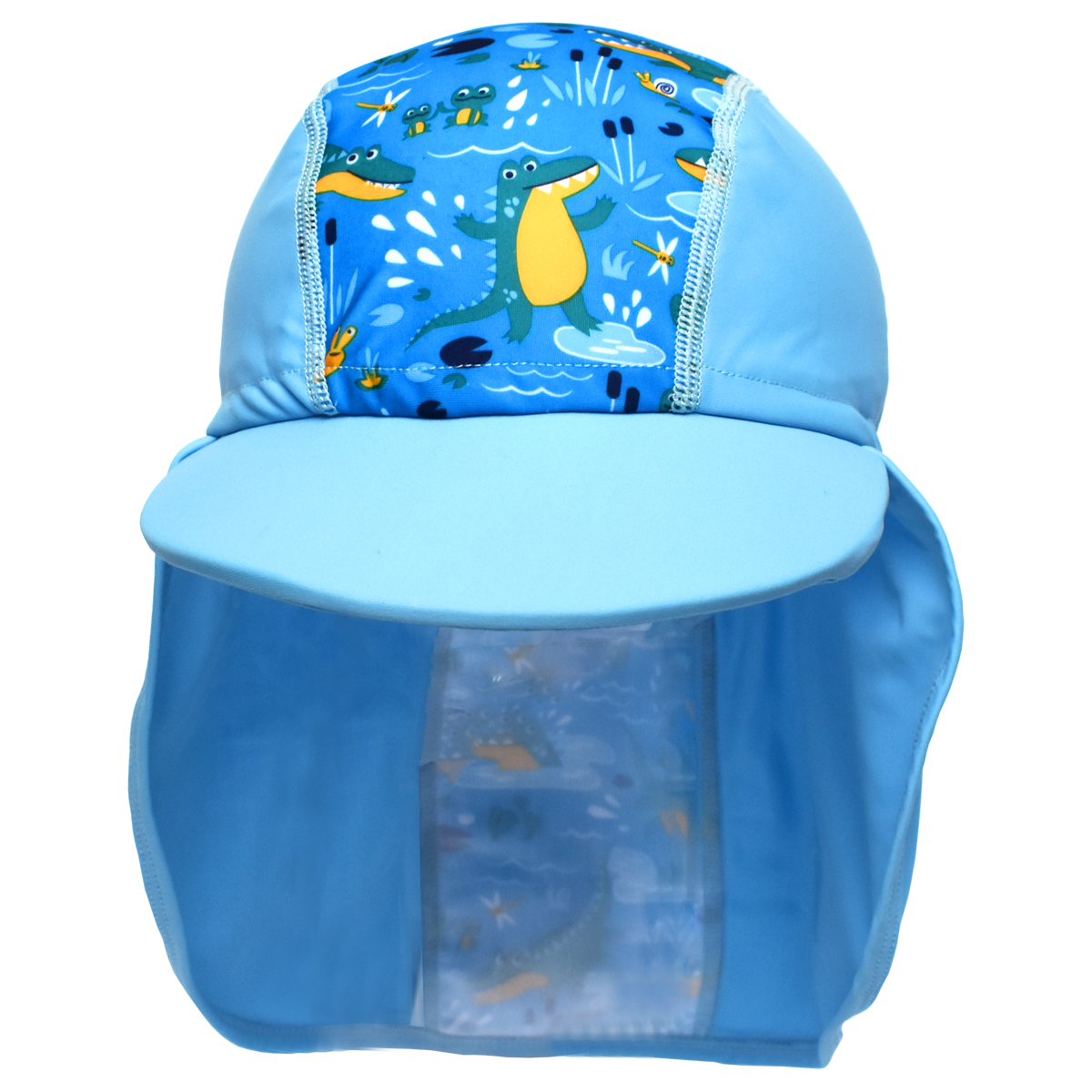 Legionnaire style sun hat in light blue and blue, with swamp themed print panel including crocodiles, frogs, fireflies and more. Front.