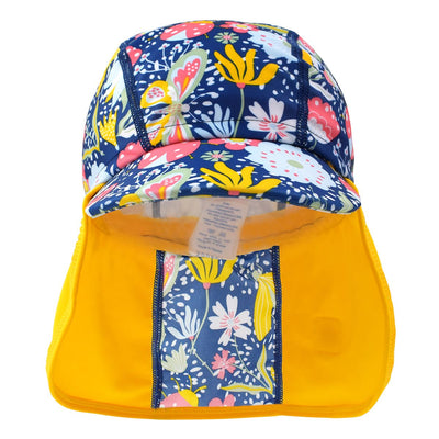 Legionnaire style sun hat in navy blue, with yellow trims and floral print panel . Front.