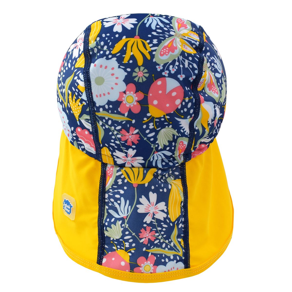 Legionnaire style sun hat in navy blue, with yellow trims and floral print panel . Back.