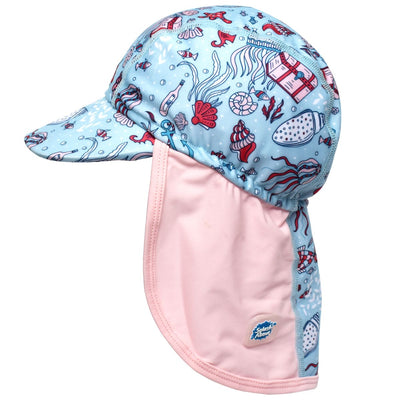 Legionnaire style sun hat in light blue and baby pink, with under the sea themed print panel including treasure chests, jellyfish, fish, seahorses and more. Side.