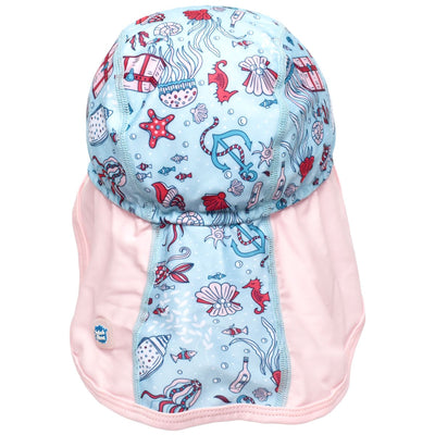 Legionnaire style sun hat in light blue and baby pink, with under the sea themed print panel including treasure chests, jellyfish, fish, seahorses and more. Back.