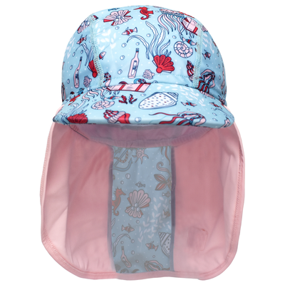 Legionnaire style sun hat in light blue and baby pink, with under the sea themed print panel including treasure chests, jellyfish, fish, seahorses and more. Front.
