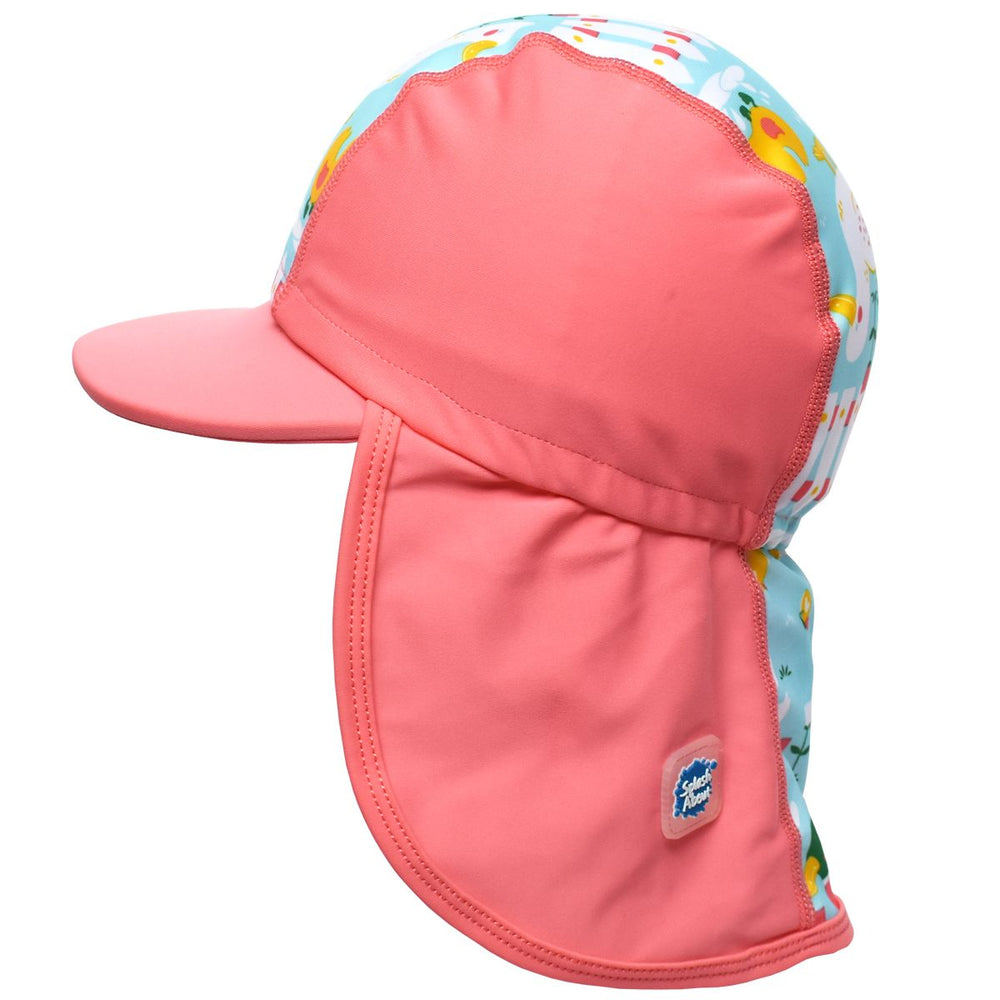 Legionnaire style sun hat in reddish pink and light blue, with little ducks themed print panel including ducks, snails, flowers and more. Side.