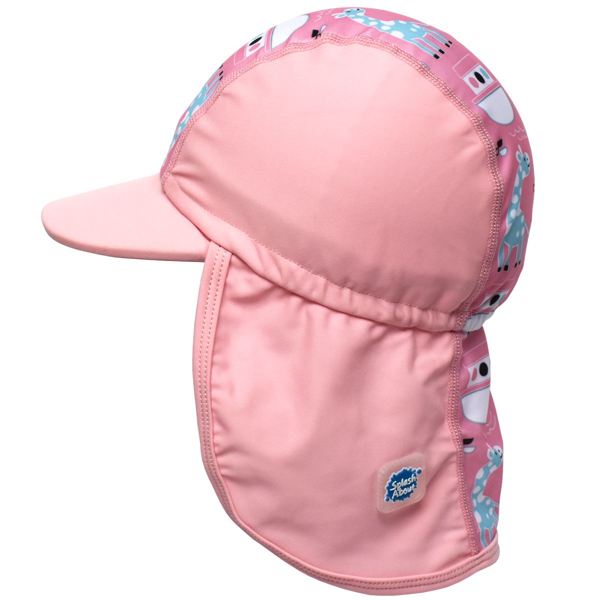Legionnaire style sun hat in baby pink, with Noah's Ark themed print panel including giraffes, zebras, flamingos and more. Side.