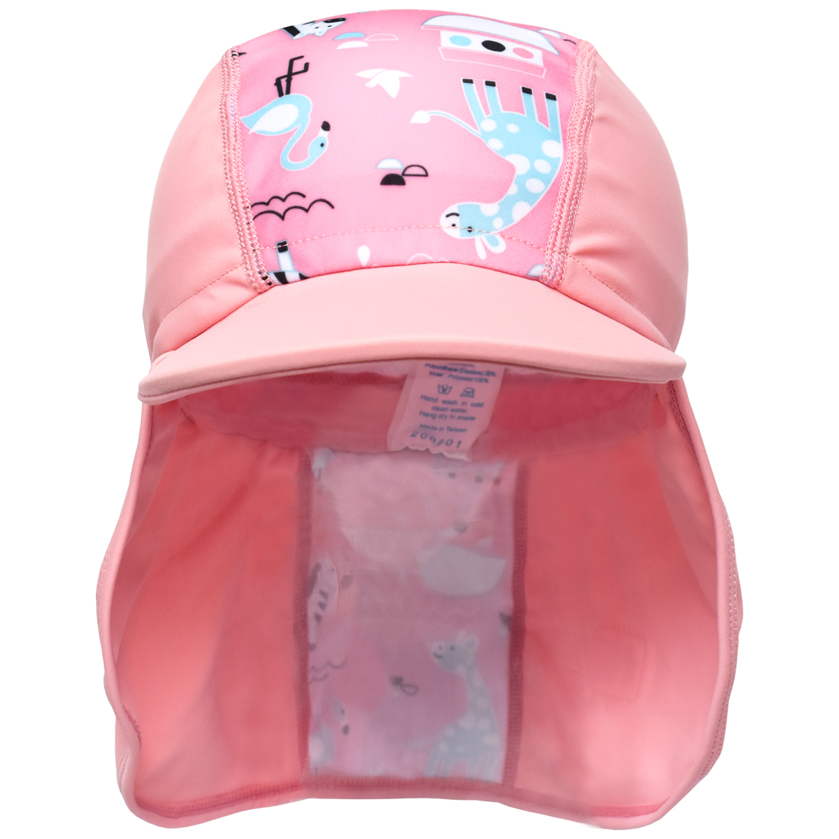 Legionnaire style sun hat in baby pink, with Noah's Ark themed print panel including giraffes, zebras, flamingos and more. Front.