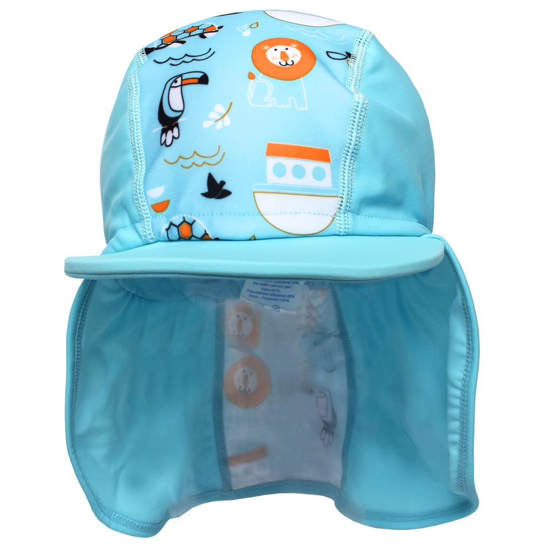 Legionnaire style sun hat in light blue, with Noah's Ark themed print panel including lions, turtles, birds and more. Front.