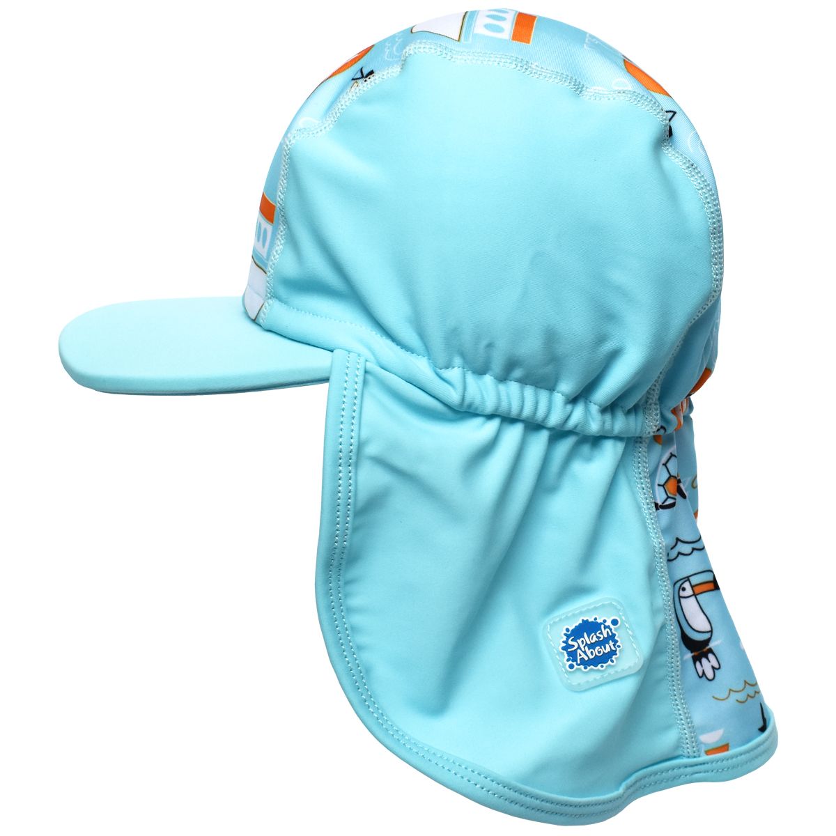 Legionnaire style sun hat in light blue, with Noah's Ark themed print panel including lions, turtles, birds and more. Side.