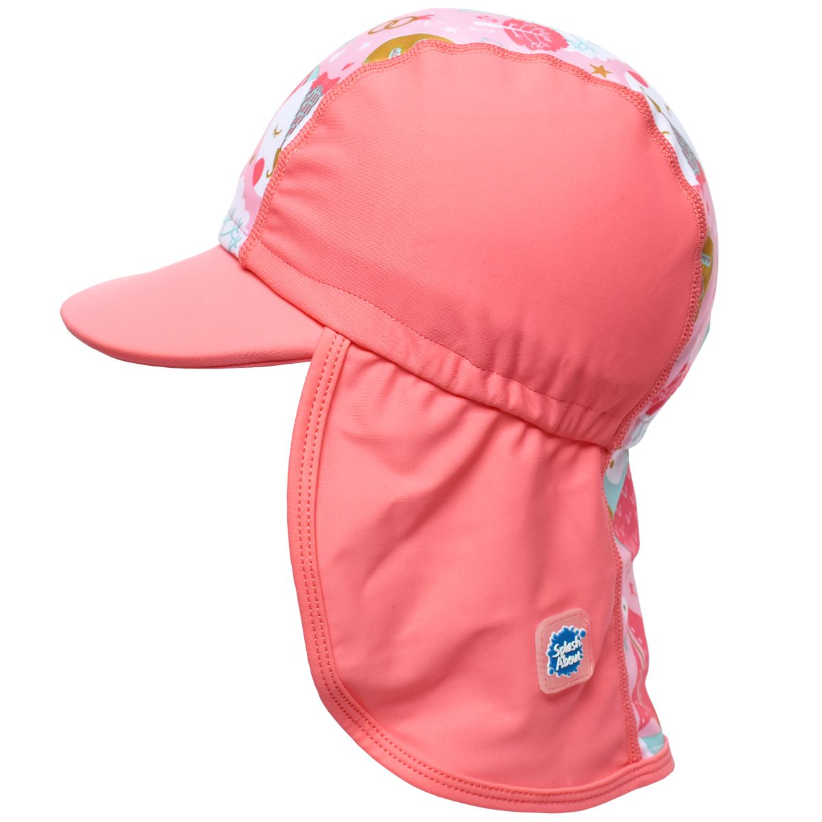 Legionnaire style sun hat in reddish pink and baby pink, with the owl and the pussycat themed print panel. Side.