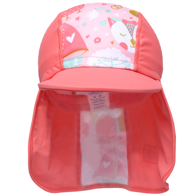Legionnaire style sun hat in reddish pink and baby pink, with the owl and the pussycat themed print panel. Front.