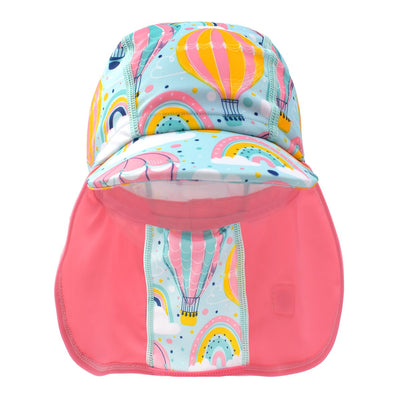 Legionnaire style sun hat in baby blue and pink, with hot air balloons themed print panel, including clouds and rainbows. Front.