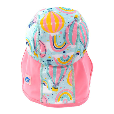 Legionnaire style sun hat in baby blue and pink, with hot air balloons themed print panel, including clouds and rainbows. Back.
