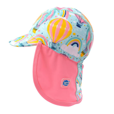 Legionnaire style sun hat in baby blue and pink, with hot air balloons themed print panel, including clouds and rainbows. Side.