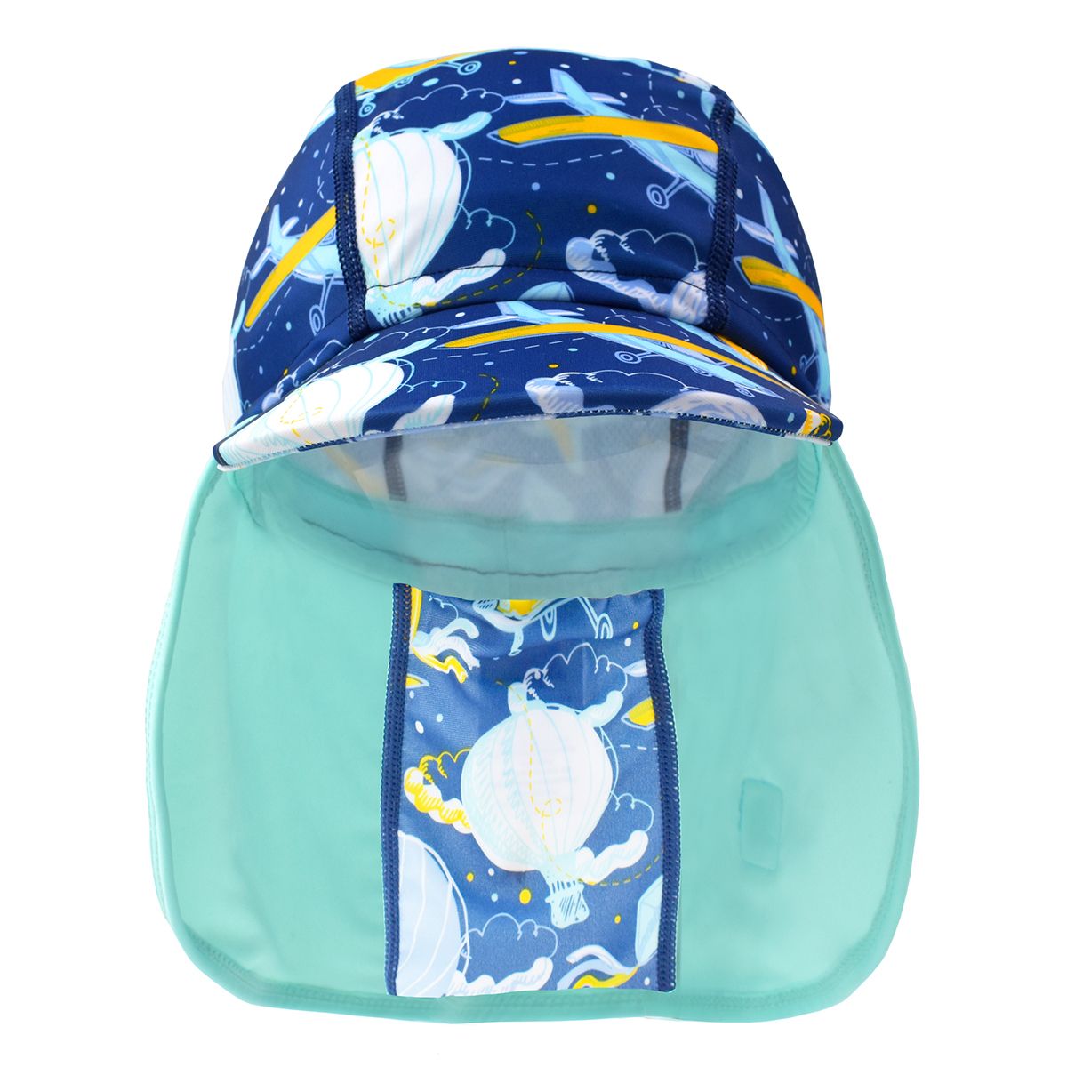 Legionnaire style sun hat in navy blue, with hot air balloons and airplanes themed print panel, including clouds and kites. Front.
