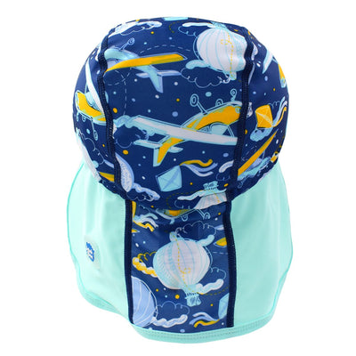 Legionnaire style sun hat in navy blue, with hot air balloons and airplanes themed print panel, including clouds and kites. Back.