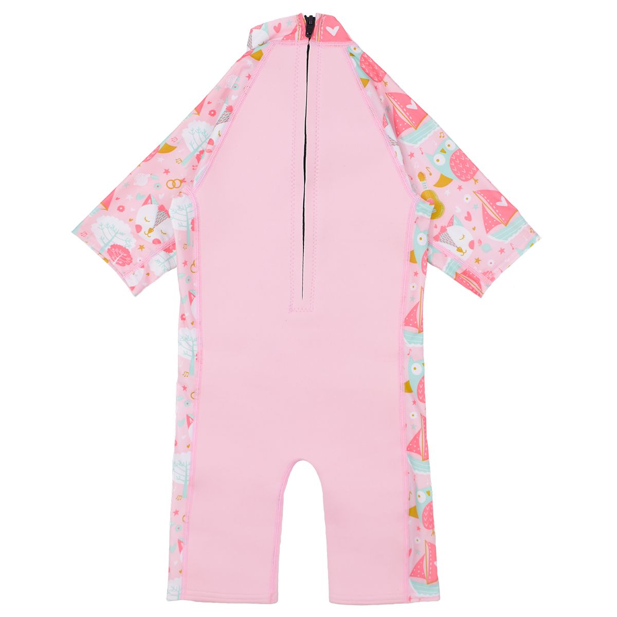 One piece UV sun and sea wetsuit for toddlers in baby pink. Cute kittens, owls, trees, guitars and seal boats print on sleeves, side panels and neck. Back.