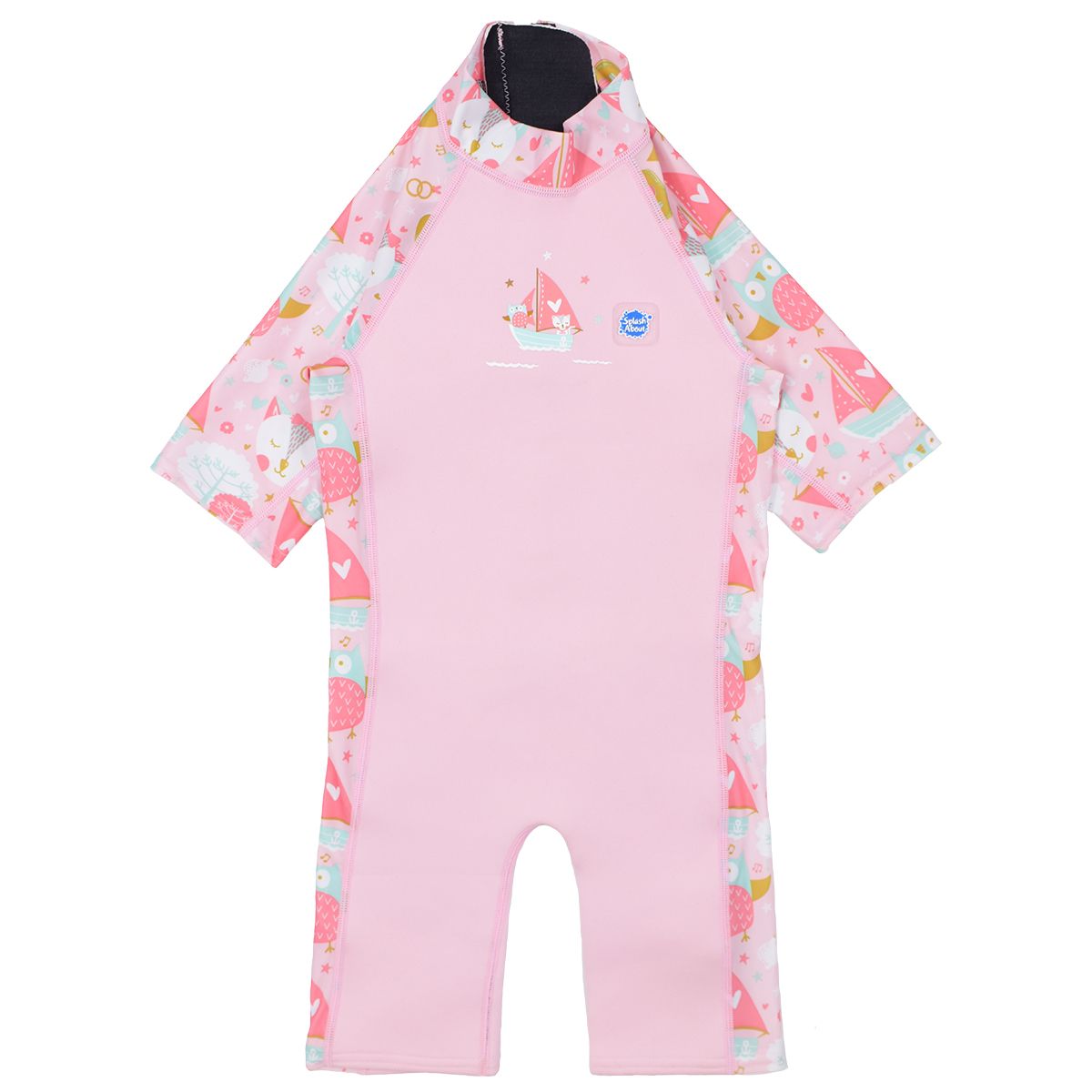 One piece UV sun and sea wetsuit for toddlers in baby pink. Cute kittens, owls, trees, guitars and seal boats print on sleeves, side panels, neck and chest. Front.