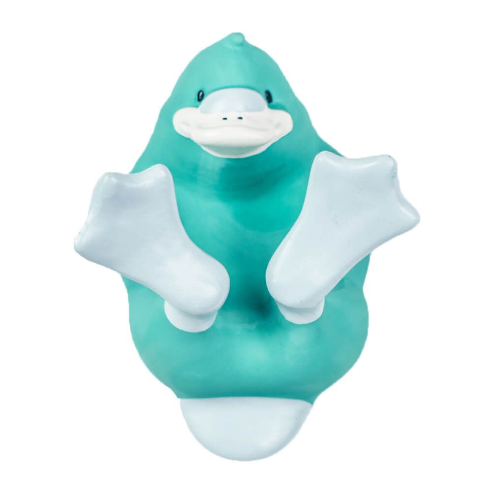 Turquoise platypus bath and pool toy, made from natural rubber. Can be used as a teether.