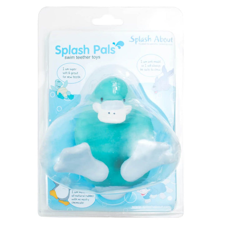 Packaging containing turquoise platypus bath and pool toy, made from natural rubber. Can be used as a teether.