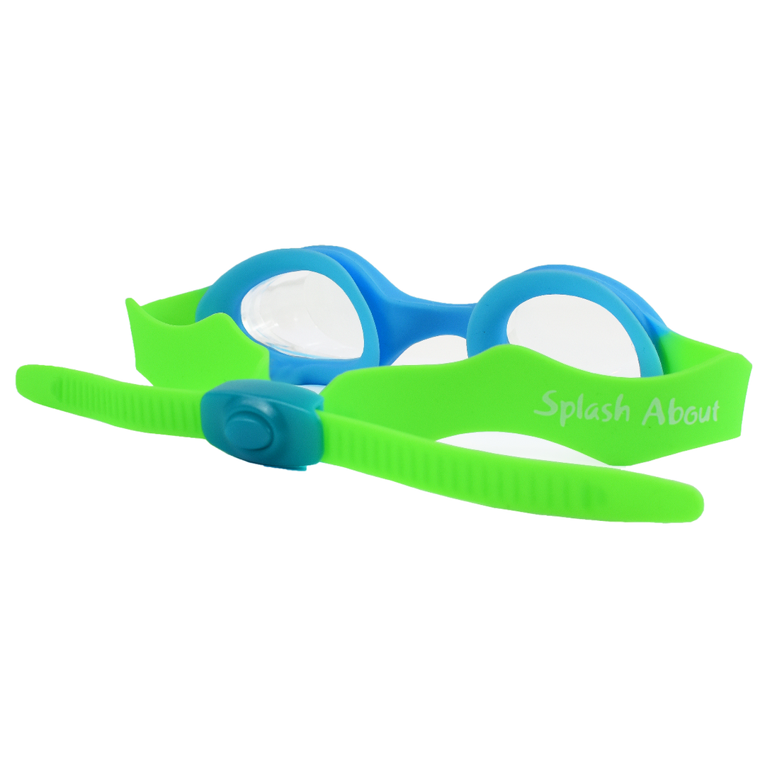 Blue and green kids goggles with clear lenses, back.