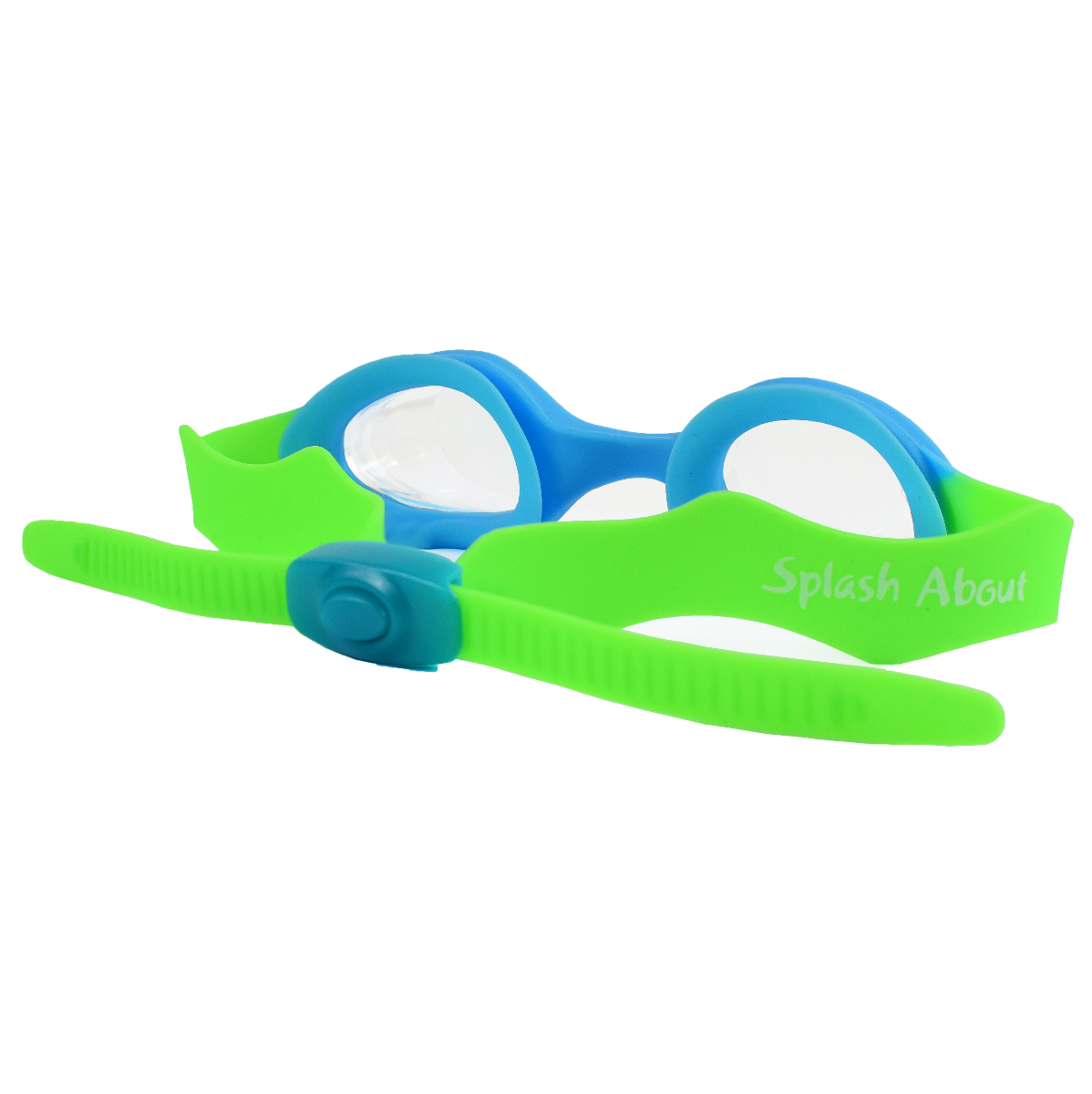 Blue and green kids goggles with clear lenses, back.