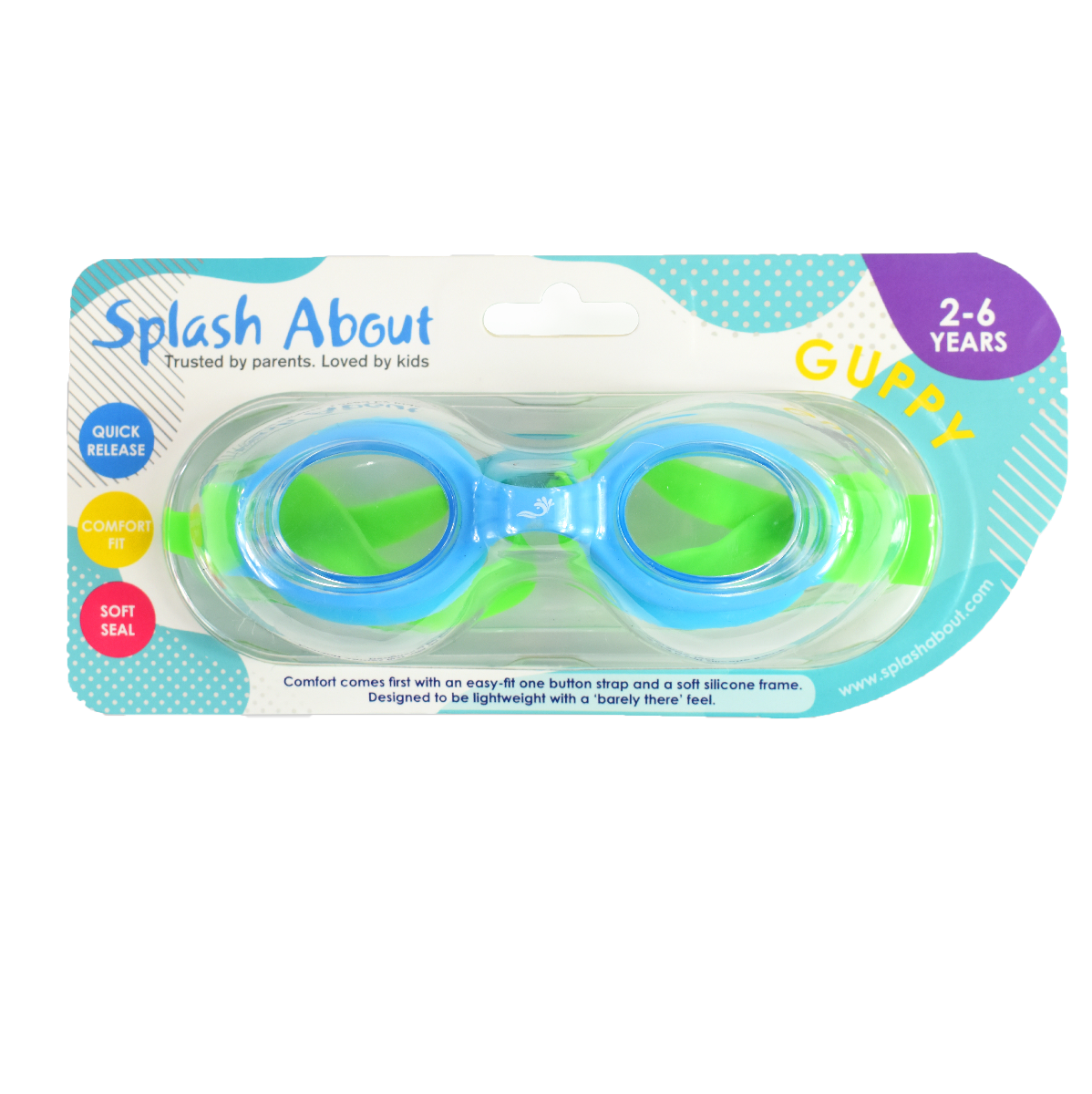 Blue and green kids goggles with clear lenses, with packaging.