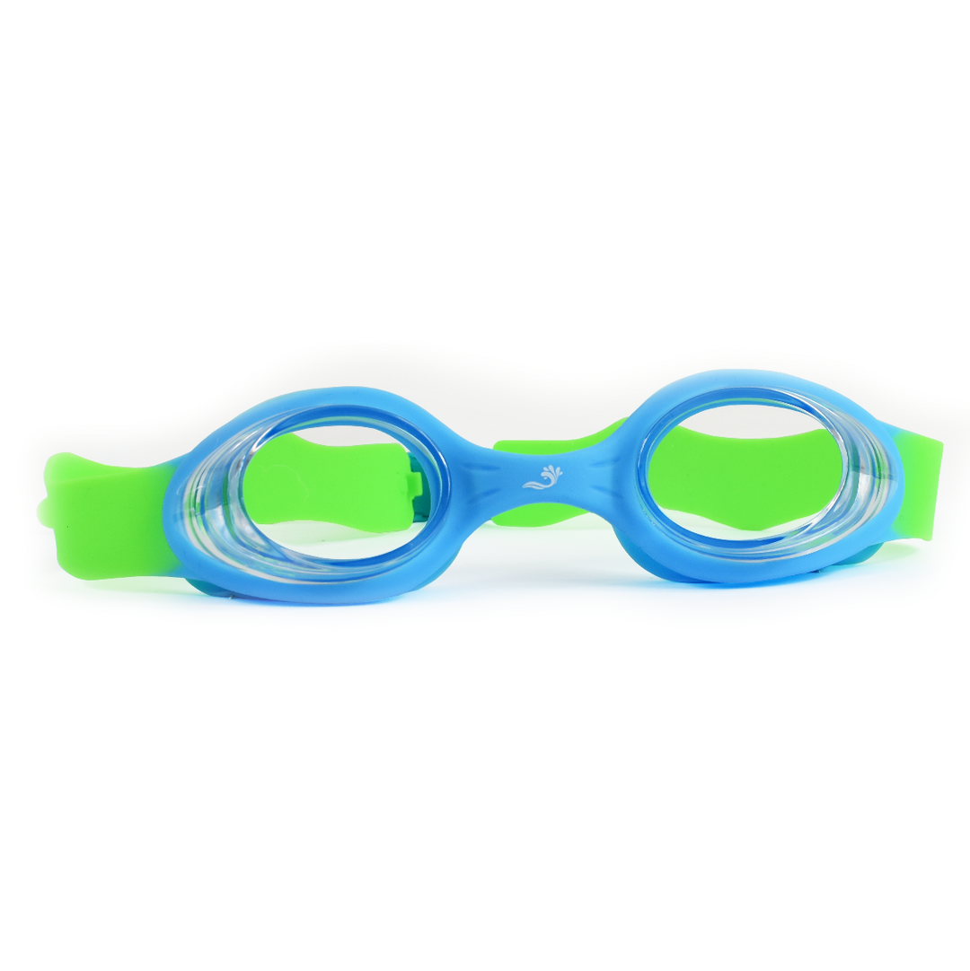 Blue and green kids goggles with clear lenses, front.