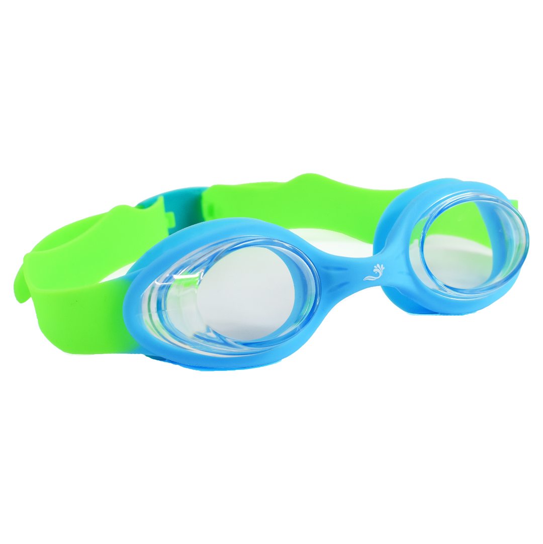 Blue and green kids goggles with clear lenses, front.
