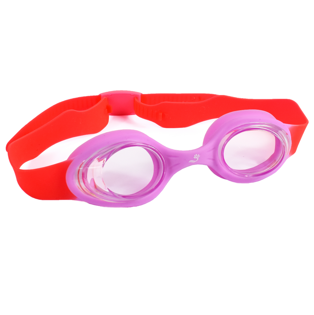 Pink and red kids goggles with clear lenses, front.