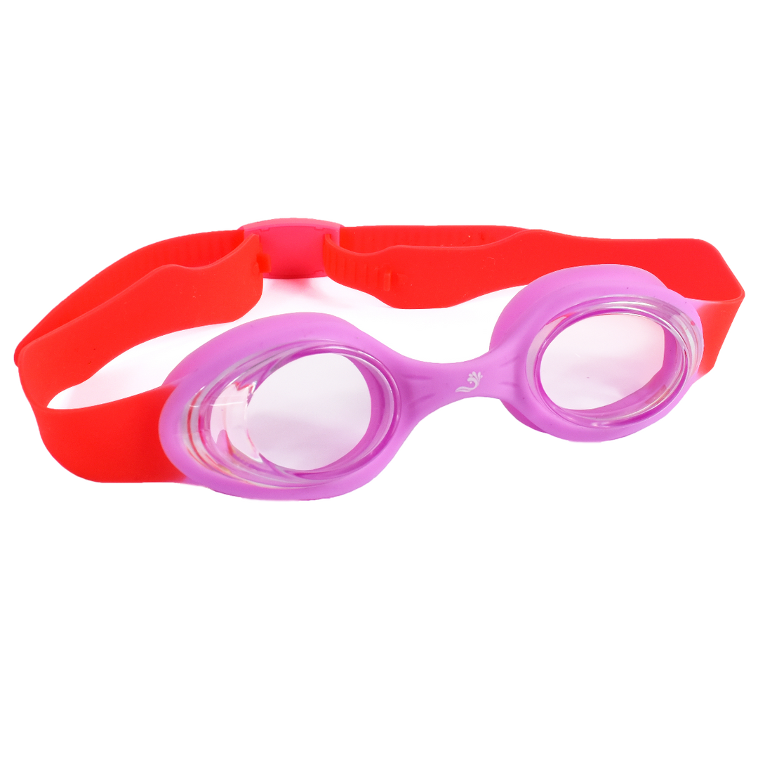 Pink and red kids goggles with clear lenses, front.
