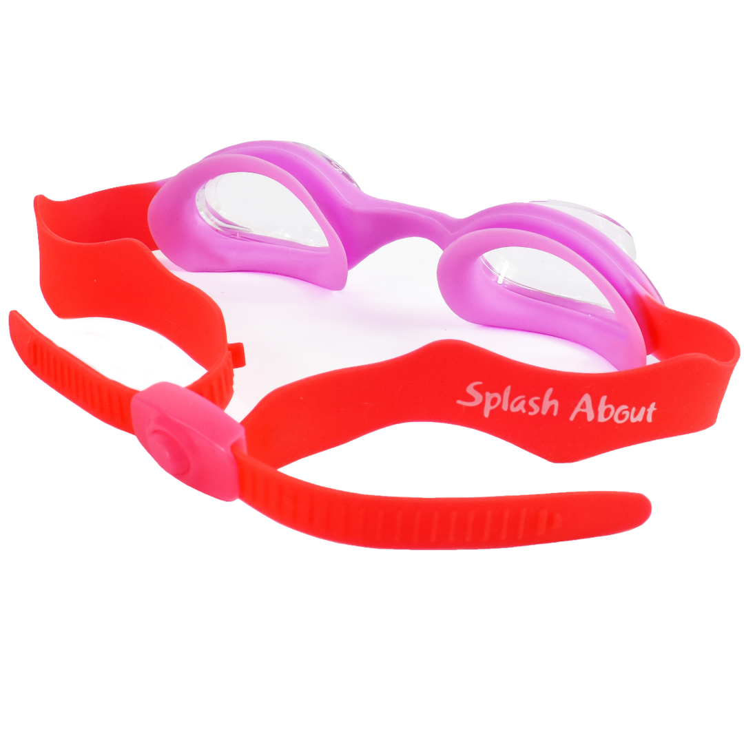 Pink and red kids goggles with clear lenses, back.