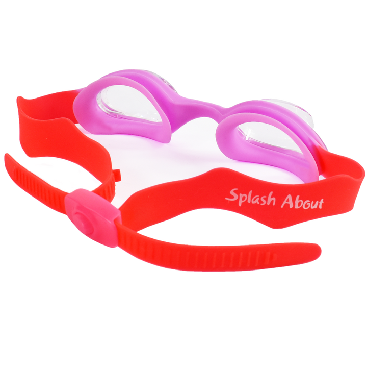 Pink and red kids goggles with clear lenses, back.